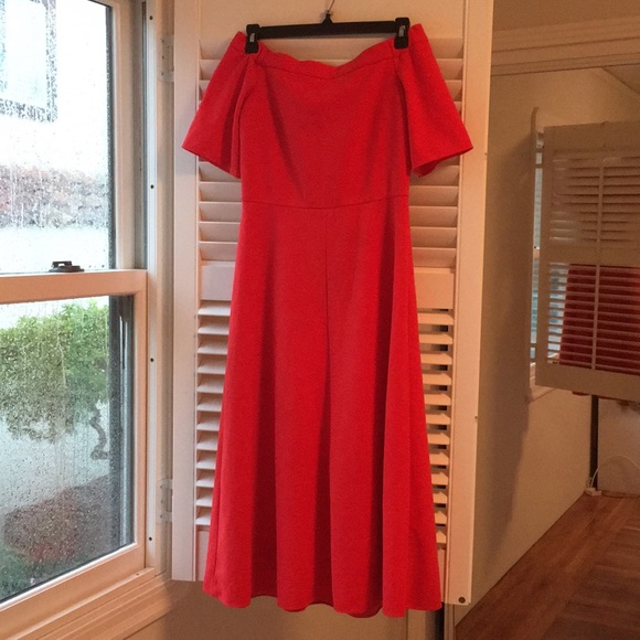 Red tibi off shoulder cady midi dress - Picture 2 of 4